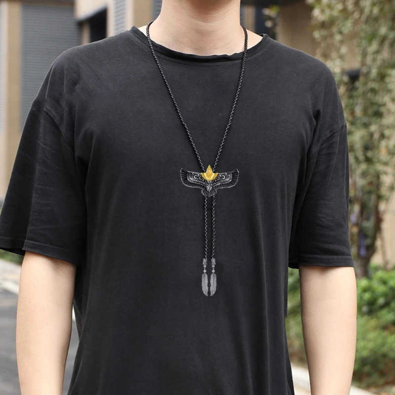 Mens Women American Bolo Tie Western Cowboy Leather Rope Necktie Metal Flying Eagle Feathered Pendant Western Necklace 250430