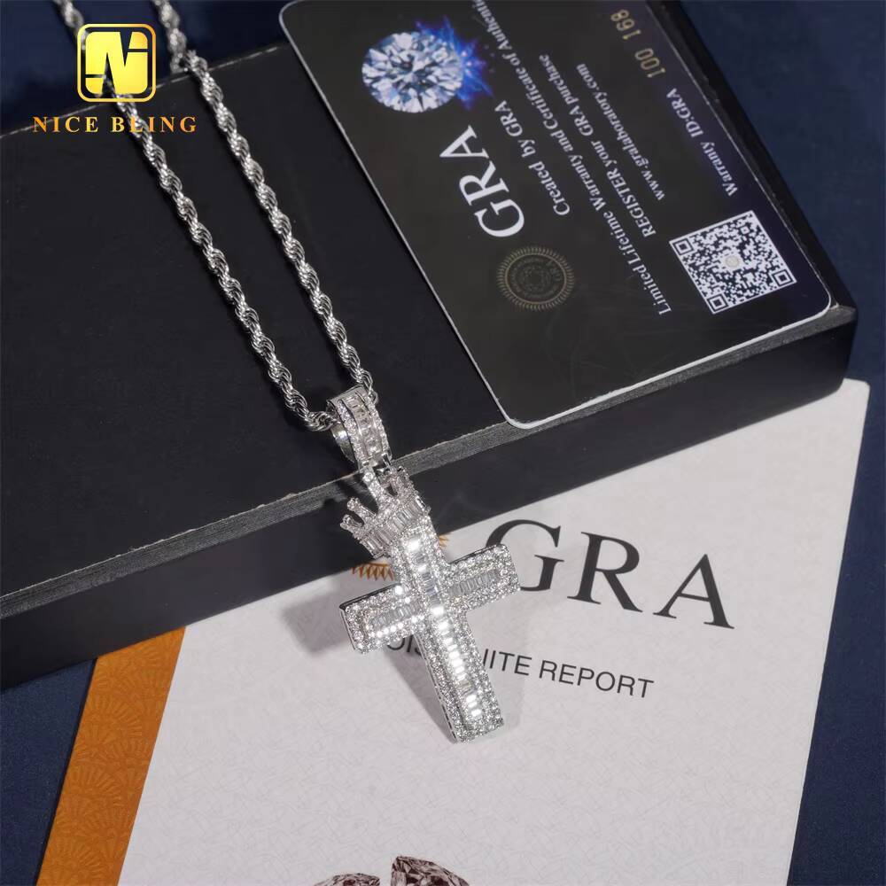 NEW ARRIVAL Crown Cross Pendant Baguette Moissanite Hip Hop Pendant Jewelry Moissanite Pendant