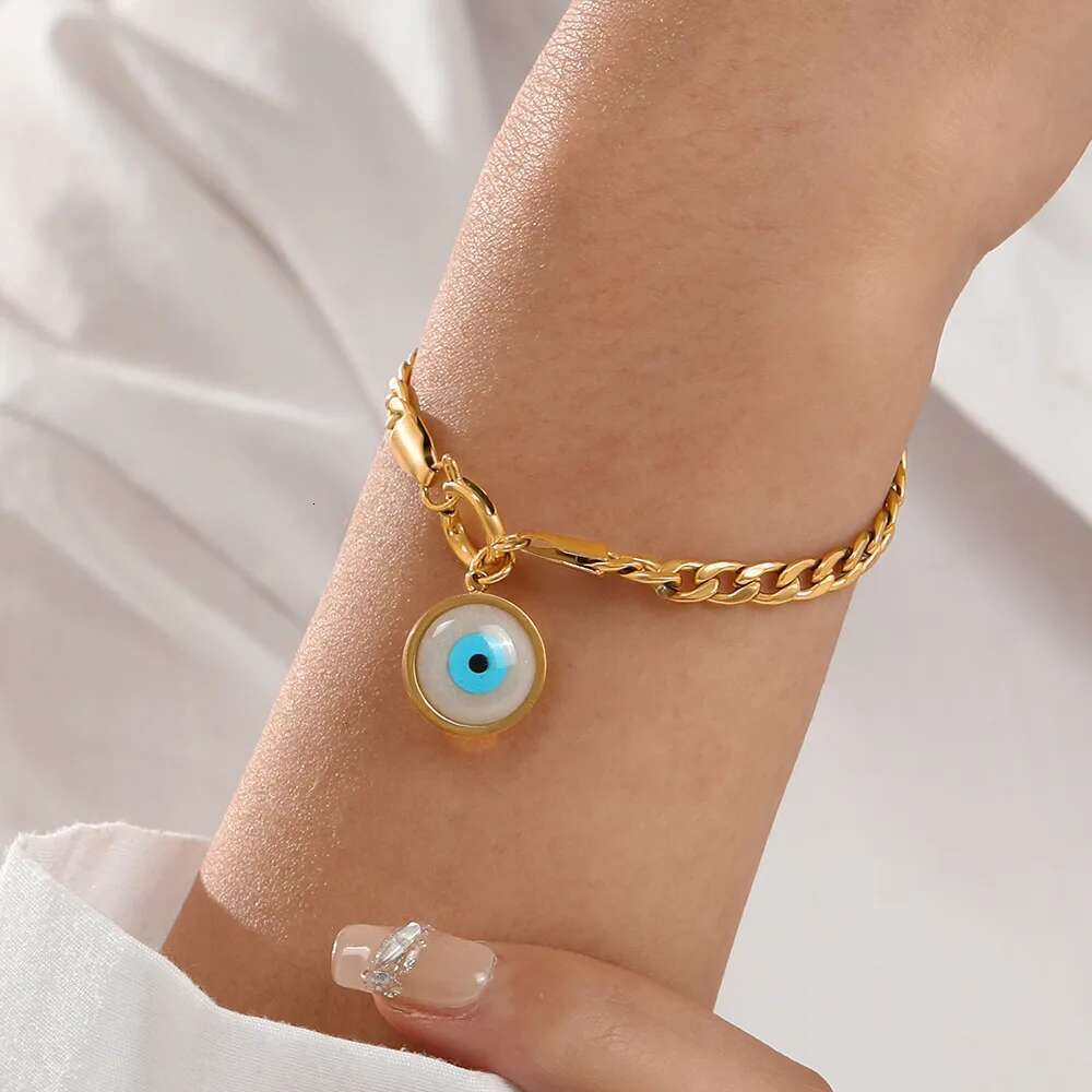 2024Fashion Trendy Blue Eye Pendant Necklace Bracelet Set Simple Stainless Steel Gold Color Jewelry For Women Gift Free Shipping