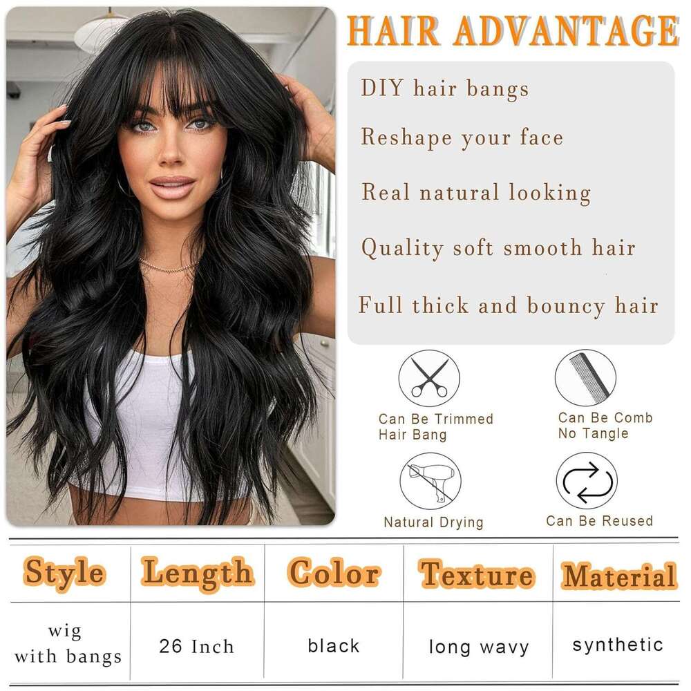 Vomella Black With Bangs 26 Inch Long Curly Wavy Wig Women Natural Looking Synthetic Heat Resistant Wigs for Daily Party Use