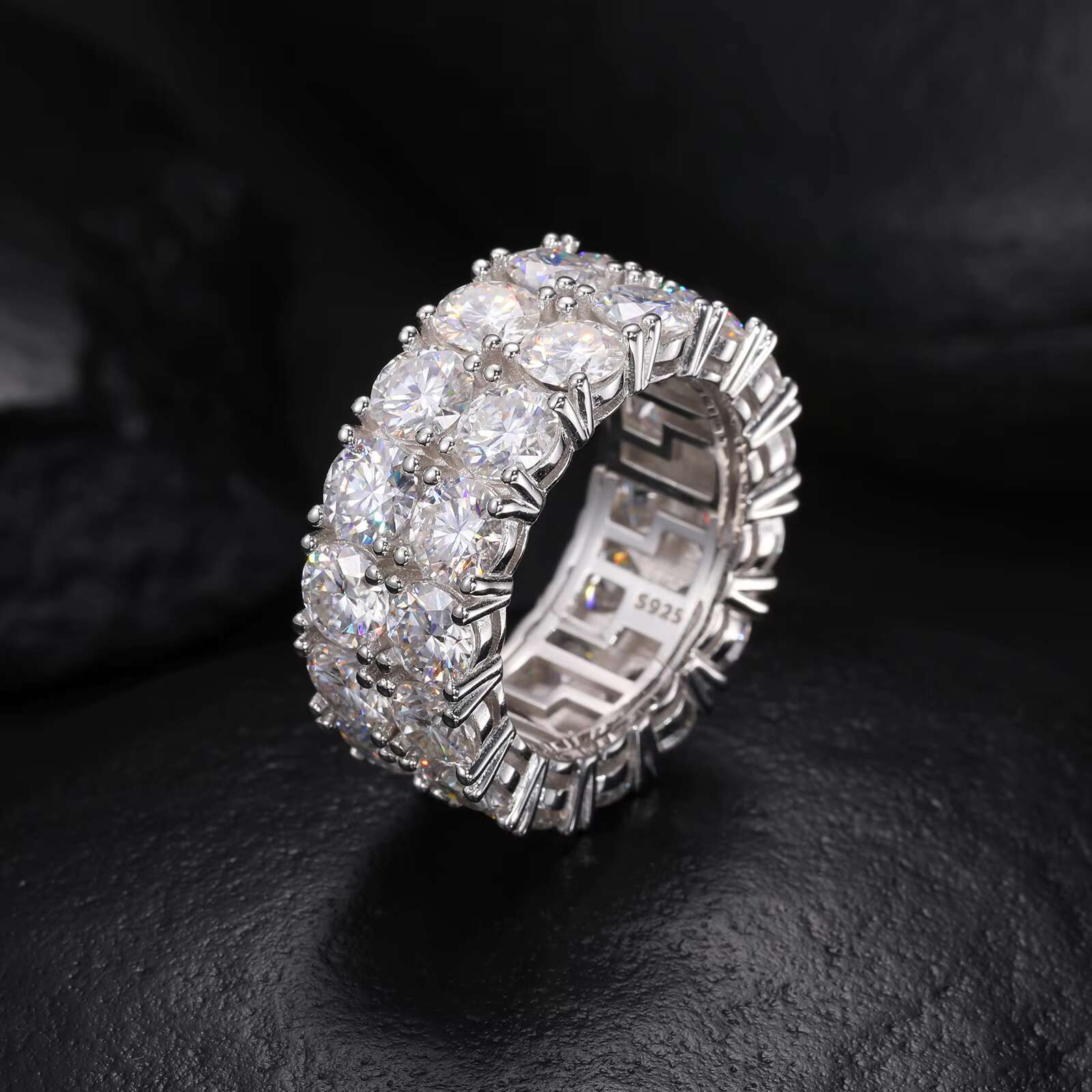 Luxury 2-Row Ice Moissanite Diamond Gemstone Ring 925 Sterling Silver Classic Style Elegant Fine Jewelry for Weddings Gifts