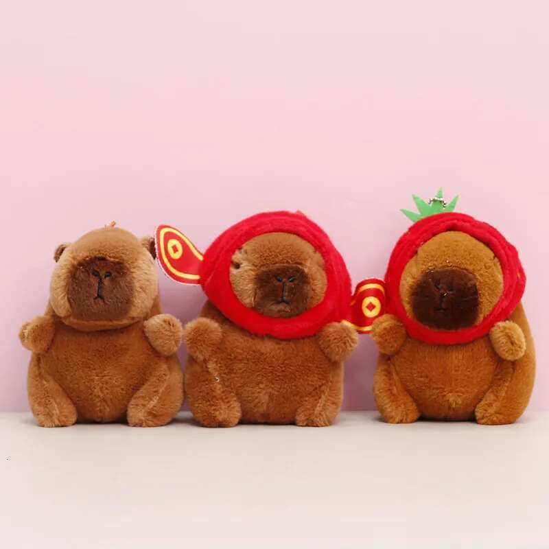 Strawberry Hat Capybara Plush Toy Turtle Backpack Capibara Stuffed Animals Papa Hand Circle Ring Key Chains Small Size Pendant