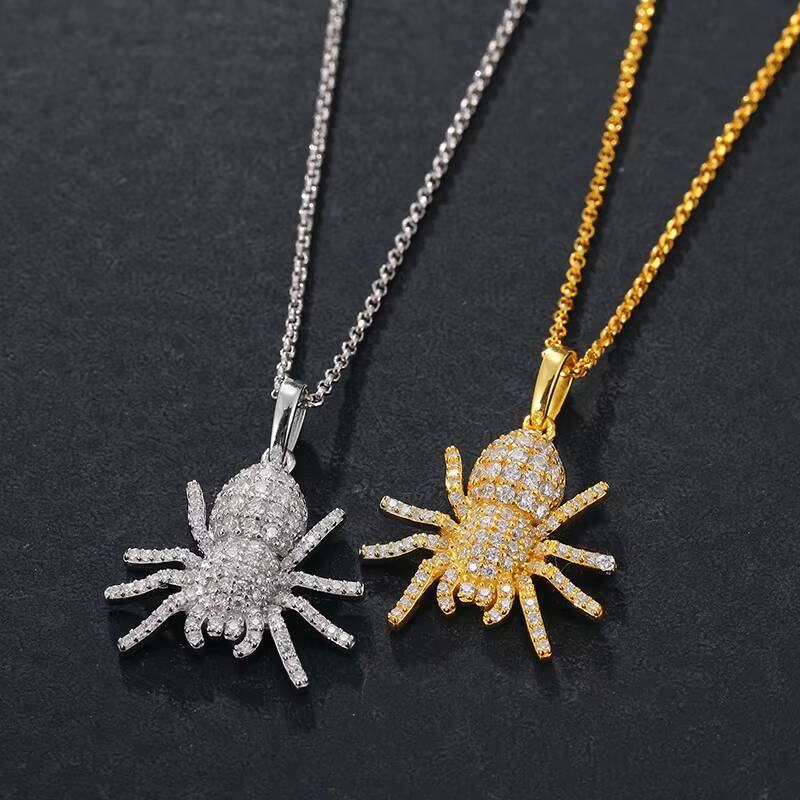 Hip Hop VVS Moissanite Spider Pendant Necklace 18K Gold Plated Sterling Silver VVS Diamond Pendant
