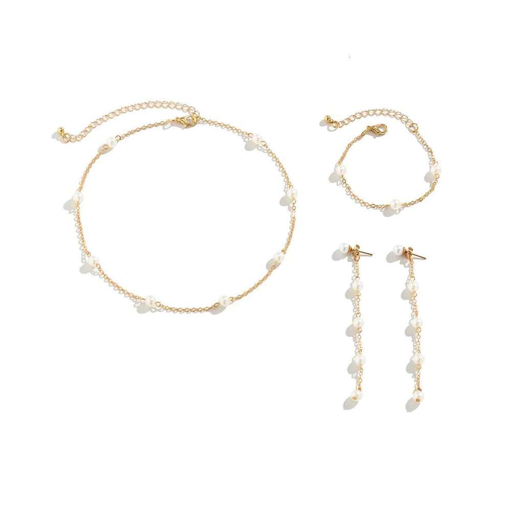 Korean Fashion Imitation Pearl Chain Necklace Bracelet Drop Earrings For Women Girls Sweet Piercing Earring Wedding Jewelry Set