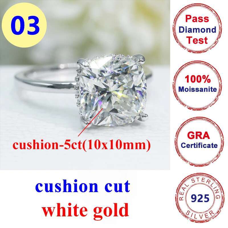 5CT Full Moissanite Diamond D Color VVS Cushion Cut Womens Ring S925 Sliver Plated White Gold Wedding Fine Rings for Women