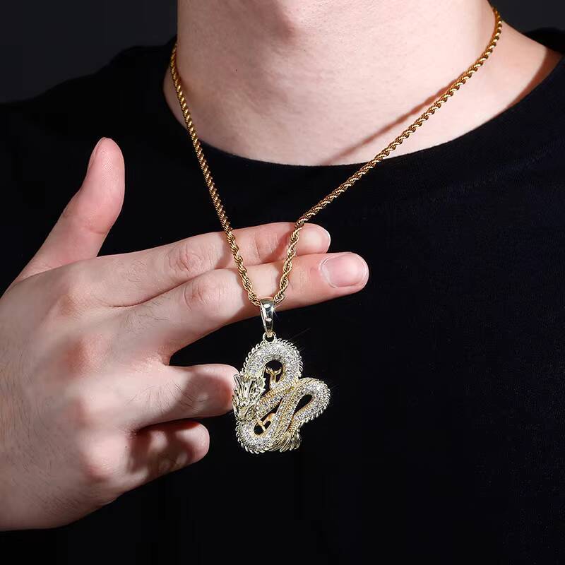 Hip-Hop Zircon Dragon Pendant Necklace Unisex 18K Gold Plated Brass Wedding Anniversary Gift