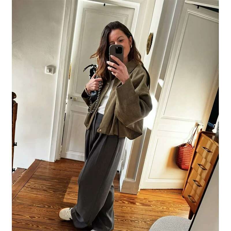 RAFZNB Short Jackets for Women Fashion With Shoulder Straps Long Sleeve Loose Coats Vintage Female Outerwear Chic Tops