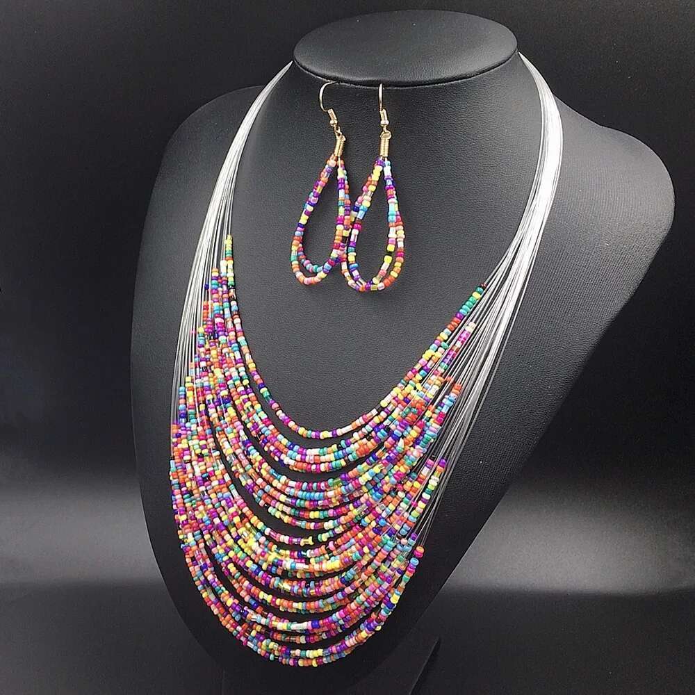Bohemian Vacation Style Rice Beads Handmade For Women Multilayer Necklace & Earrings Set Jewelry Ladies Accessories