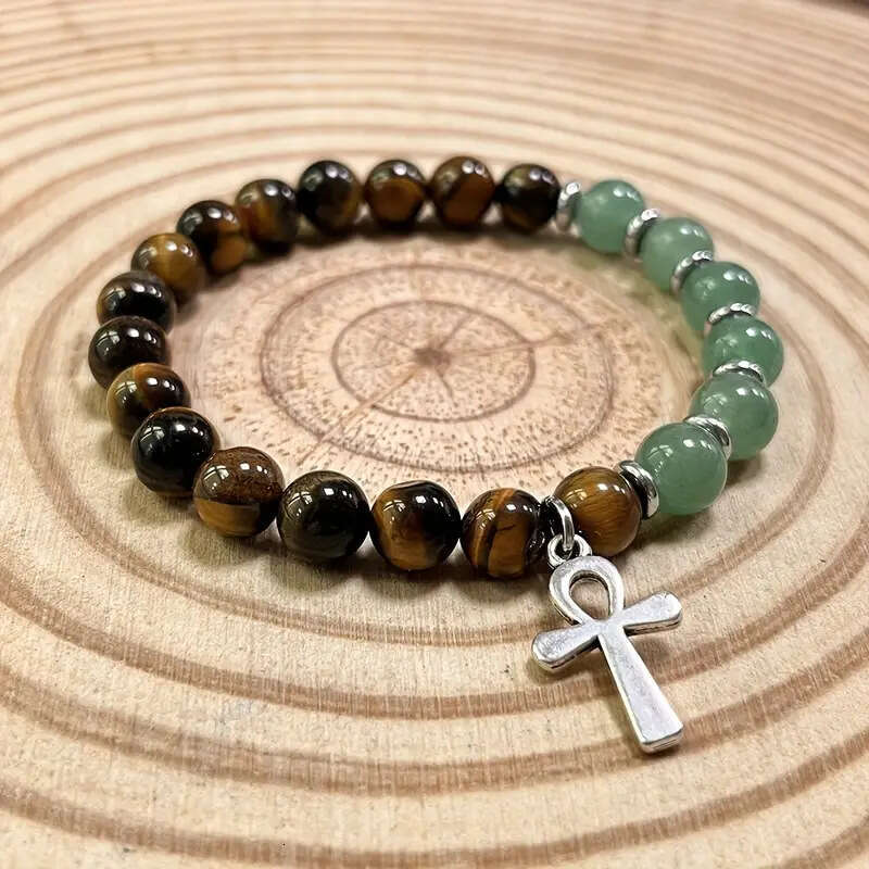 Temu Xiyin TK Tiger Eye Stone&Green Sandstone Cross Bracelet