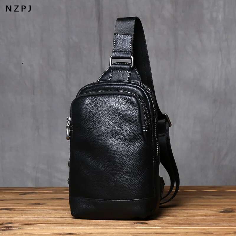 NZPJ Genuine Leather Chest Casual Crossbody Top Layer Cowhide Men's Tablet Computer Bag Trendy Backpack