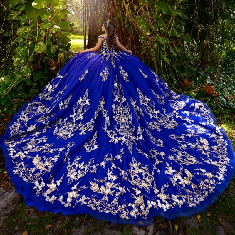 Royal Blue Princess Quinceanera Dresses Off Shoulder Applique Lace Beads Tull Sweet 16 Dress Ball Gown Vestidos 15 Anos
