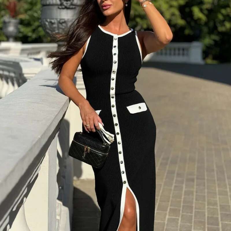 TARUXY Knitted Long Dress For Women Elegant Sleeveless Button Maxi Sweater Bodycon Dresses Female Party Fashion Vestidos