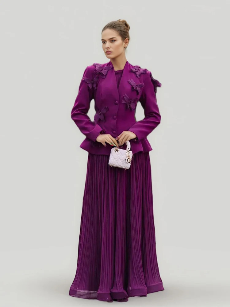 Solid and elegant twopiece womens Vneck long sleeved tuning jacket high waisted pleated formal set 250530