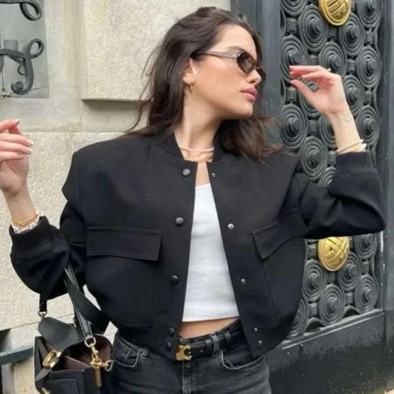 TRAF Women's Bomber Jacket Crop Black Off White Outerwears Spring 2025 New In Coats Aviator Varsity Button Long Sleeve Coat 066
