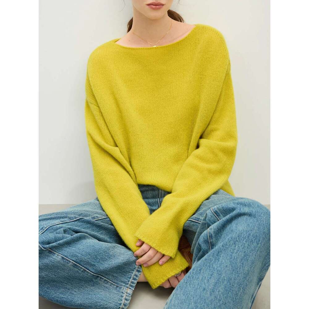 FSLE Women Solid Sweaters 100% Wool Female Knit Sweater Boat Collar 2025 Spring Yellow Green Casual Pullover 25Fs11207