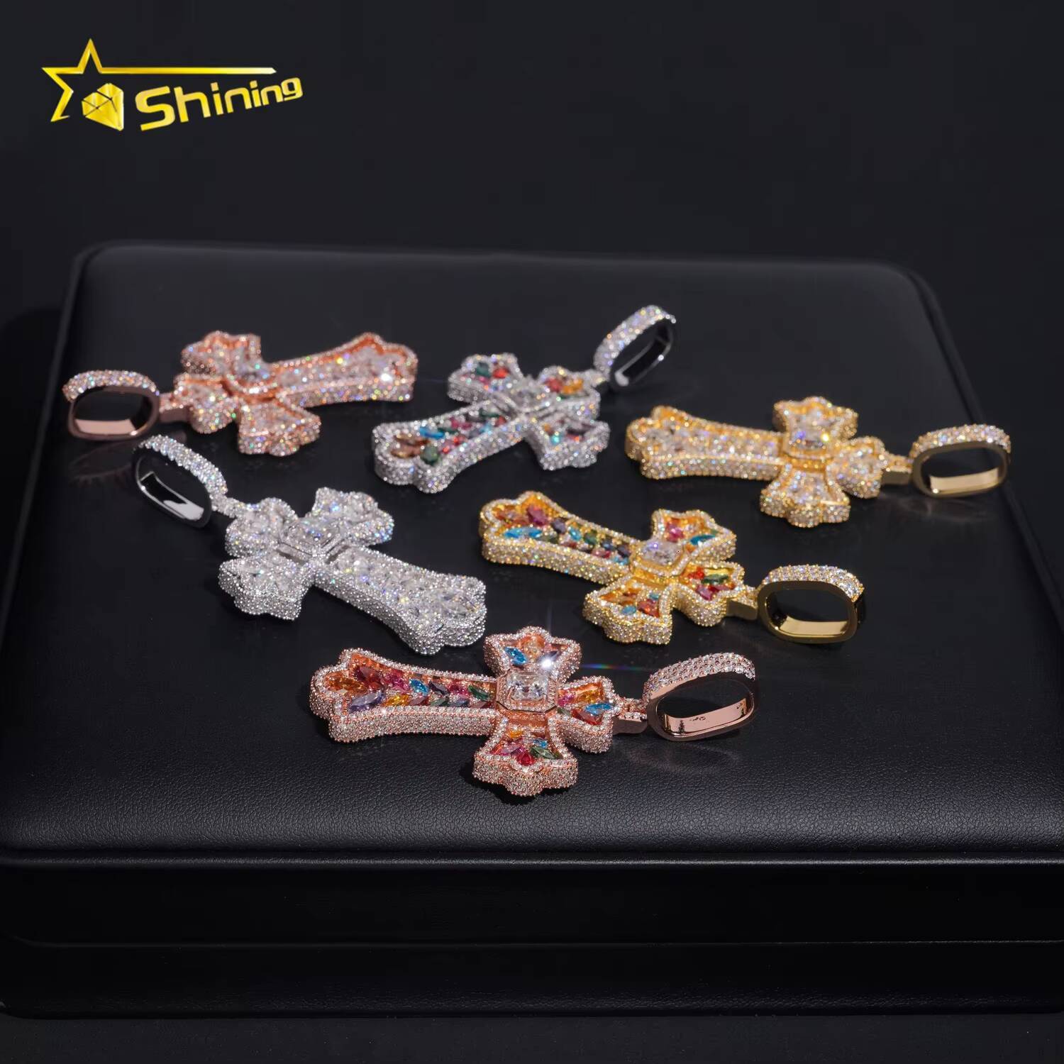 New Arrival Fancy Shape Custom Iced Out Multi Color 925 Silver Cross Diamond Moissanite Pendant