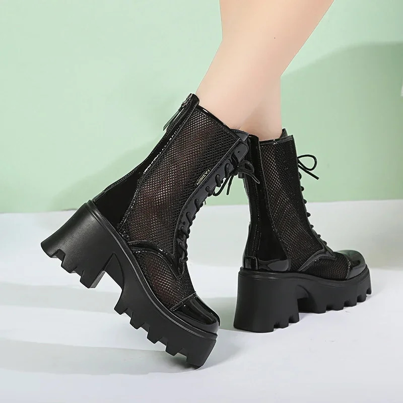 Summer Platform Ankle Boots for Women Black White Mesh Breathable Sandals Casual Shoes Woman Zip Thick Bottom Booties 250428