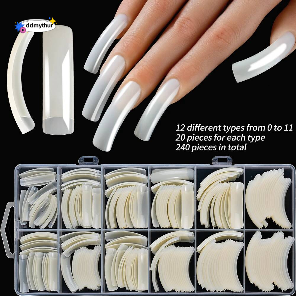 240PC Hawk Curved Long Square False Nails 12Size XXL Extra Deep Curve Full Cover Acrylic Fake Tips Eagle Claw Nail Extension Tip ddmythur