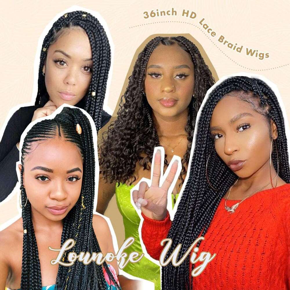 lounoke 36 inch Cornrow Braided Wig 13x8 Box Braid Wigs for Black Women, Plucked with Baby Hair