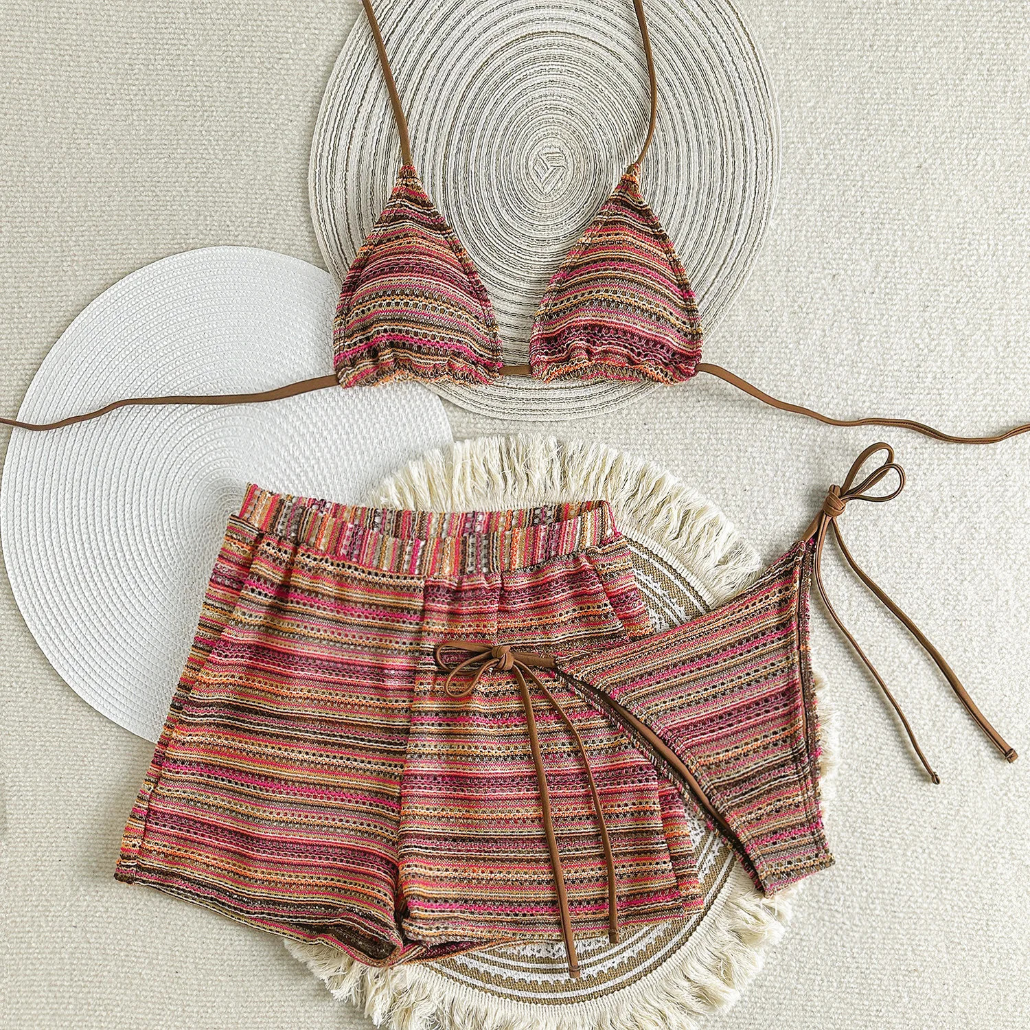 sexy knitted striped halter tie bikinis sets three pieces with shorts swimsuits beachwear bathing suit swimwear biquini tankini 250428