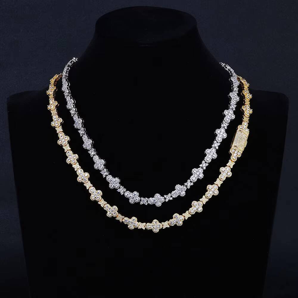 HipHop Jewelry New Style Bling Iced Out Cross Choker Necklace Unisex Full Pave Gold Plated Flower Star Link Chain High Jewellry