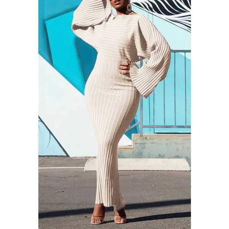 Knitted dress womens fashionable O-neck long sleeved Bodycon Midi dress womens elegant loose dress W250430