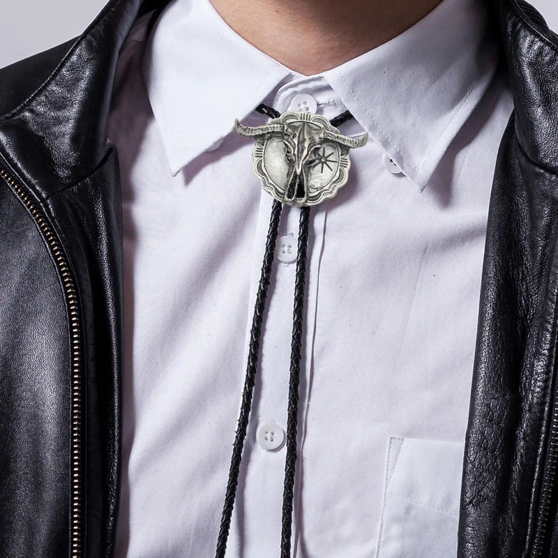 Arrial Western Southwest Longhorn Steer Cow Skull Shield Leather Rodeo Bola Bolo Neck Tie Top Fashion Shirt Accessories Tie 250430