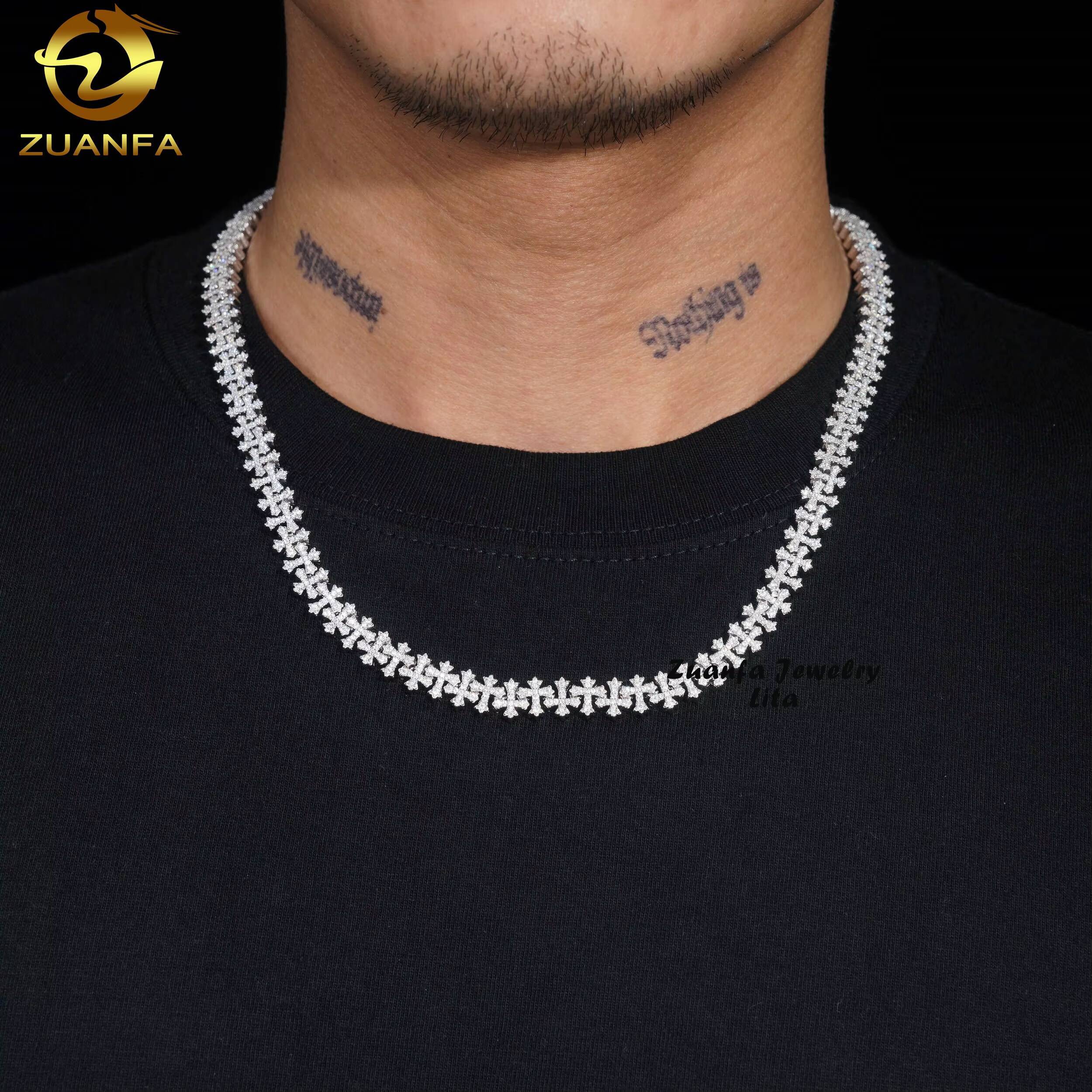 New Arrivals Hip Hop Iced Pass Test Silver 8mm Cross Necklace VVS Moissanite Cuban Link Chain