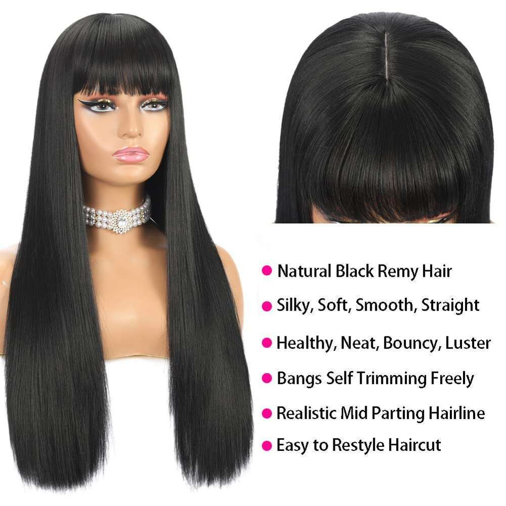 Long Straight with Bangs Natural Black for Women Fashion Silky Soft Smooth Remy Hair Heat Resistant Fiber Synthetic Wigs hine Made Glueless Full 24 In
