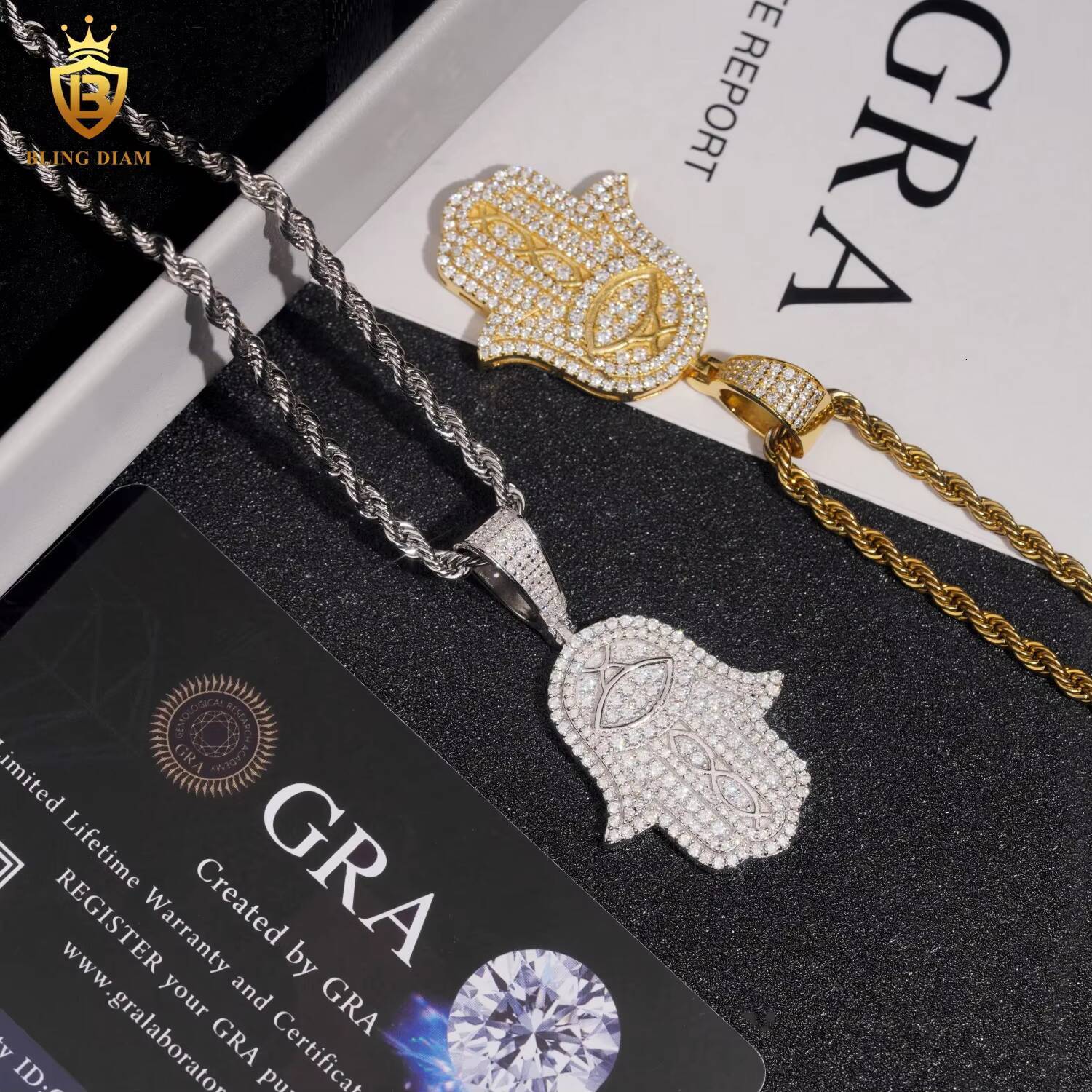 Hiphop Palm Pendant Charms 925 Sterling Silver Round Brilliant Cut Moissanite Pendant D VVS GRA Certified Fashion Pendants