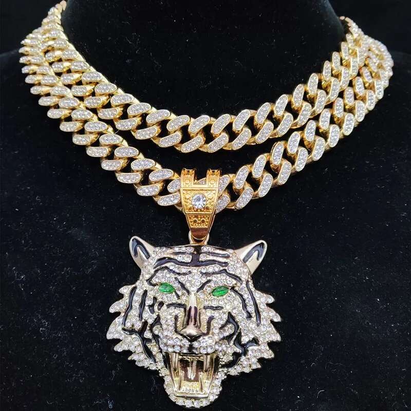 Hip Hop 3D Tiger Pendant Necklace With 13Mm Crystal Cuban Chain Hiphop Iced Out Bling Necklaces Men Women Fashion Charm Jewelry