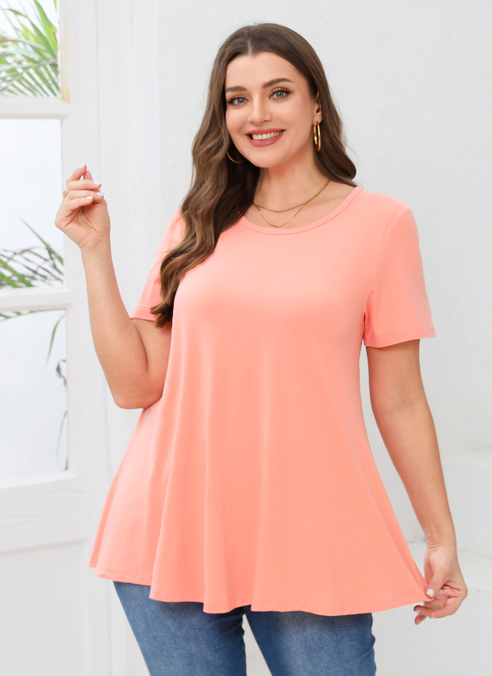 Tunic Tops for Women Plus Size Short Sleeve Crew Neck Swing Flare Loose T-Shirt Blouses to Wear with Leggings Coral Pink Tunic
