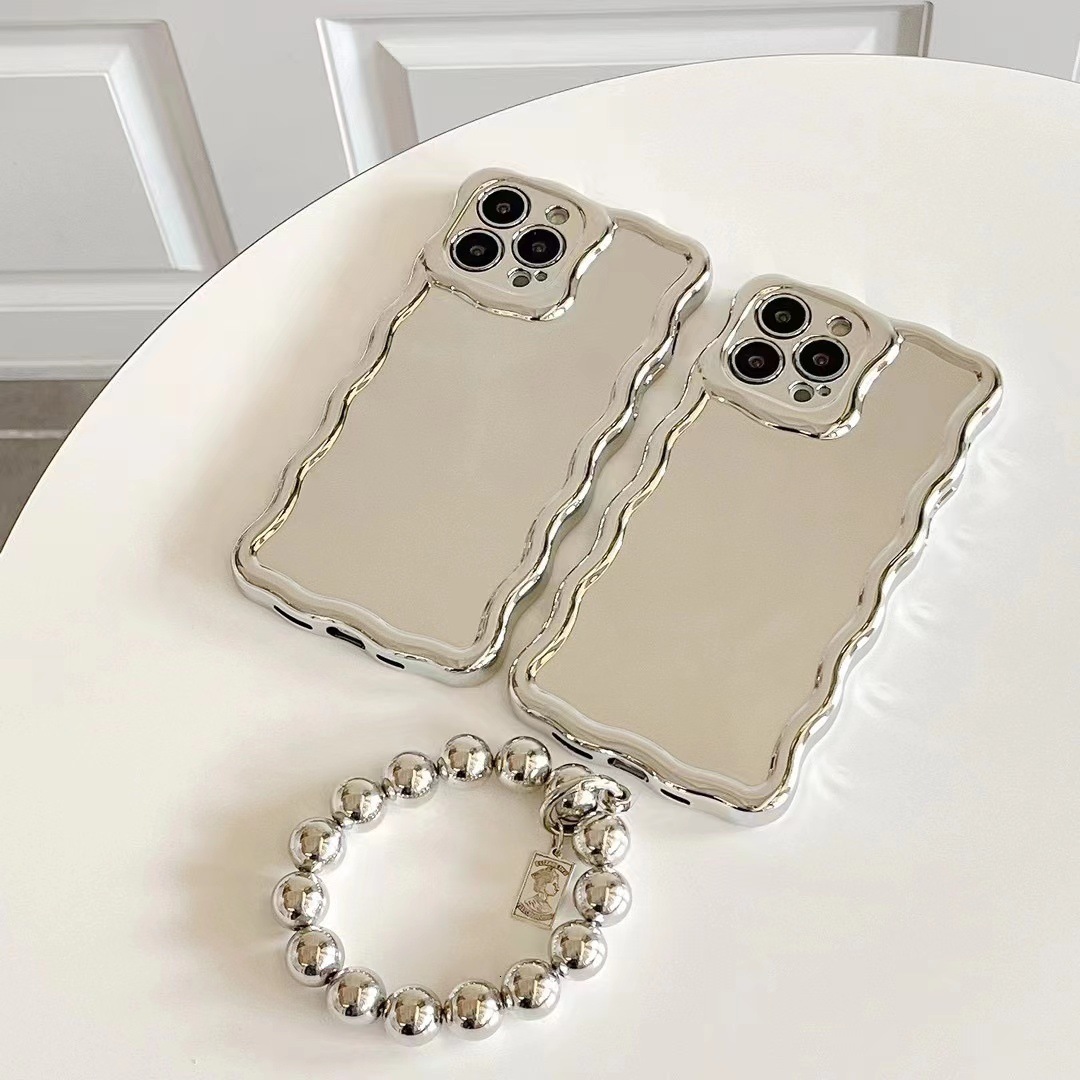 Electroplated Wave Mirror Phone Case iPhone 14/13 Pro Max Compatible with Apple 12 Bracelet Heart Stand Protective Case