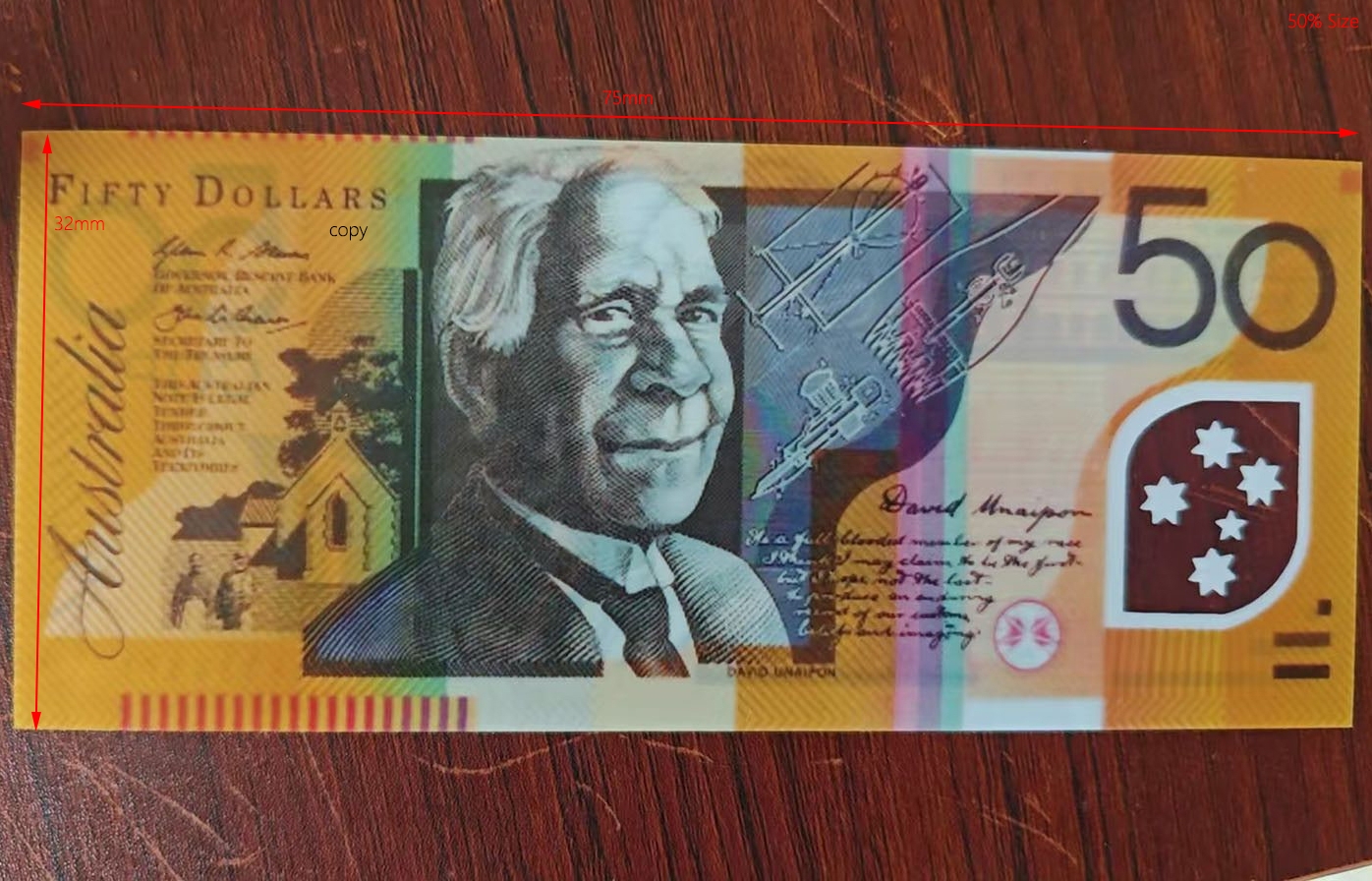 Plastic Prop Money AUD Banknotes Australian Dollar 20 50 100 Paper Copy Full Print Money Fake Monopoly Money Movie Special Props For Filming Toy Money 78*33mm 50% Size