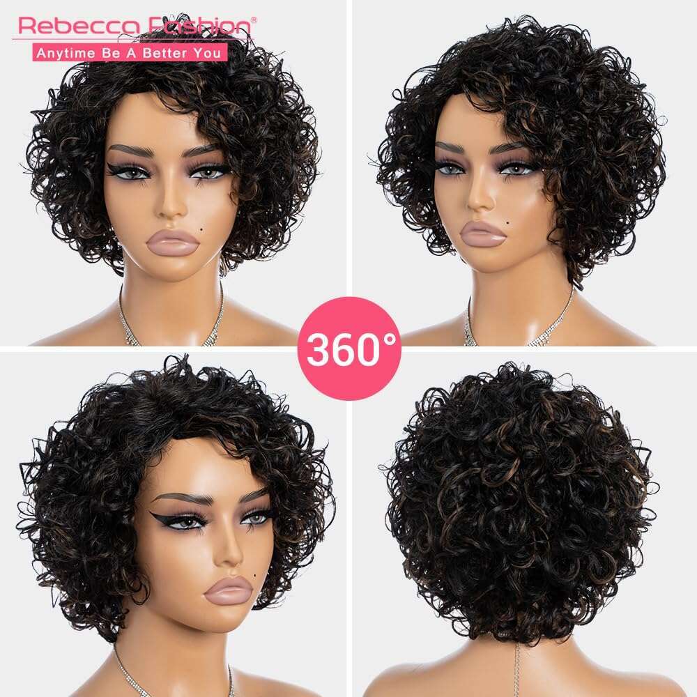 Rebecca Fashion Short Human Hair for Women Cute Curly Bob Wig Side Part Non Lace Glueless Wigs Brazilian Remy Natural Looking Highlight Black Mix Ligh