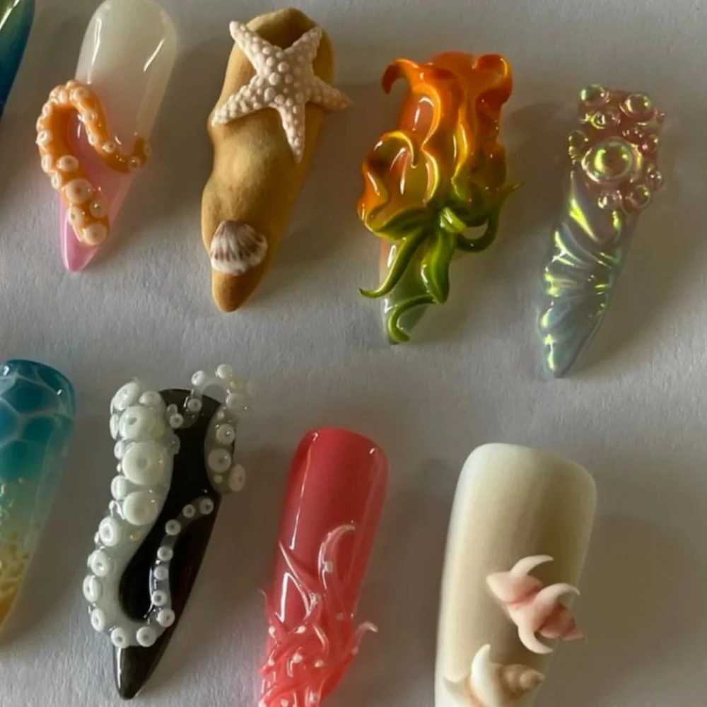 10 piece handmade full set pressing girls nails 3D star style almond pattern ABS material nail art Sn strap set H25429