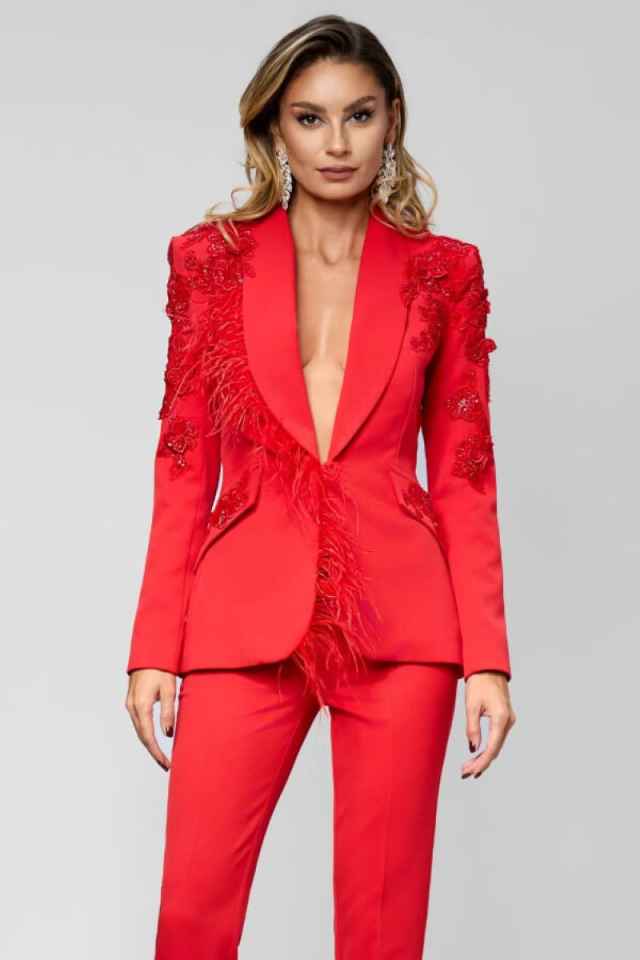 Women Performance Pants Suits 2 Pieces Flowers Sequins Ladies Wear Blazer Prom Birthday Party Customized Jacket Sets