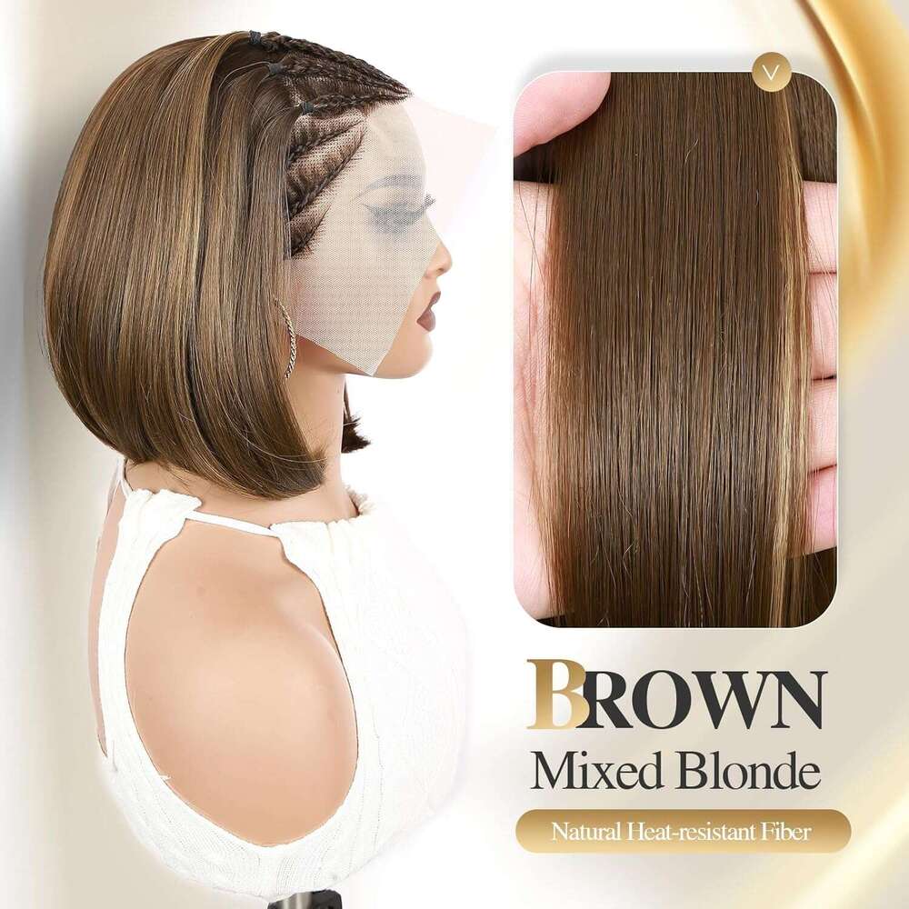 WIGER Highlighted Frontal 13x4 for Black Women Glueless Hair Wig Braided Front with Cornrow 12 Inch Synthetic Full Lace Straight Bob Wigs