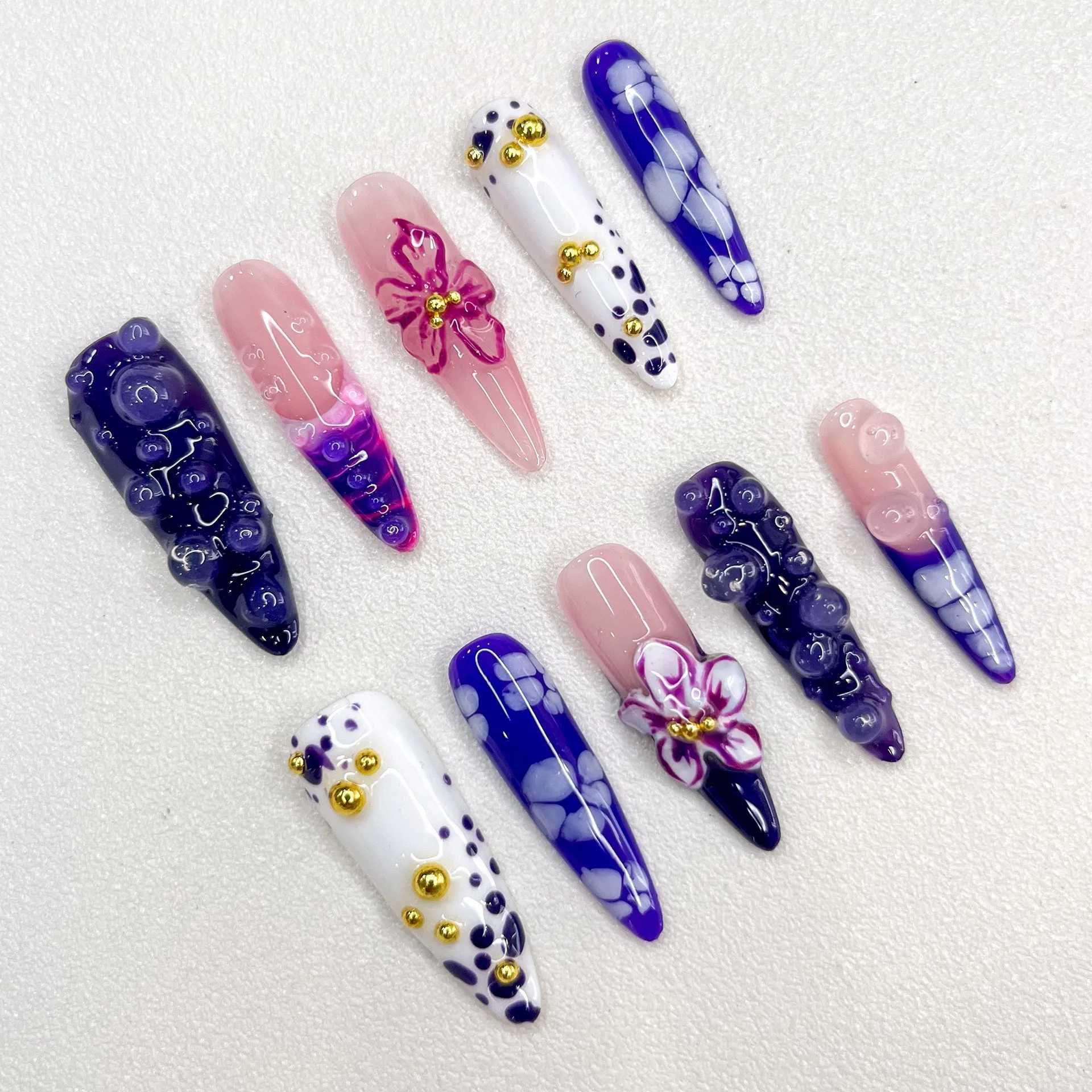3D long special shaped purple series Mandarin Duck Gold Embedding Advanced Press on Nails Send Manicure Kit False Nails H25429