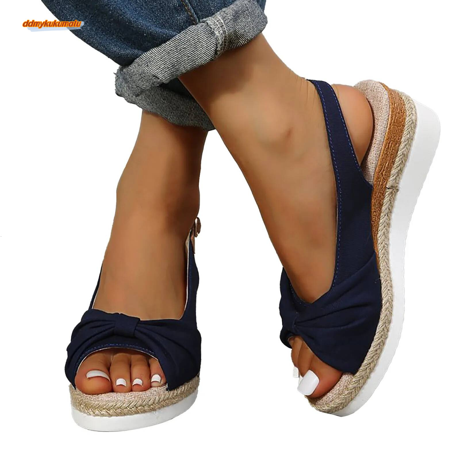 Fish Mouth Fashion Solid Fabric Wedge Heel Buckle Shallow Cut Sexy Women'S Sandals Summer 2024 ddmykukumalu