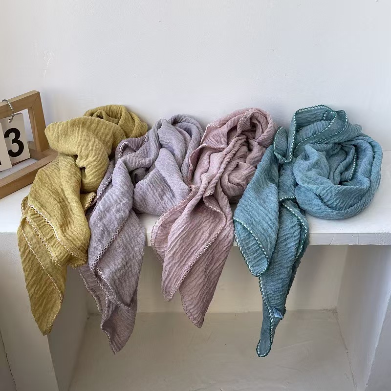 T596 Spring and Autumn new pleated solid color cotton and linen large square scarf female Korean style temperament versatile shawl thin neck scarf