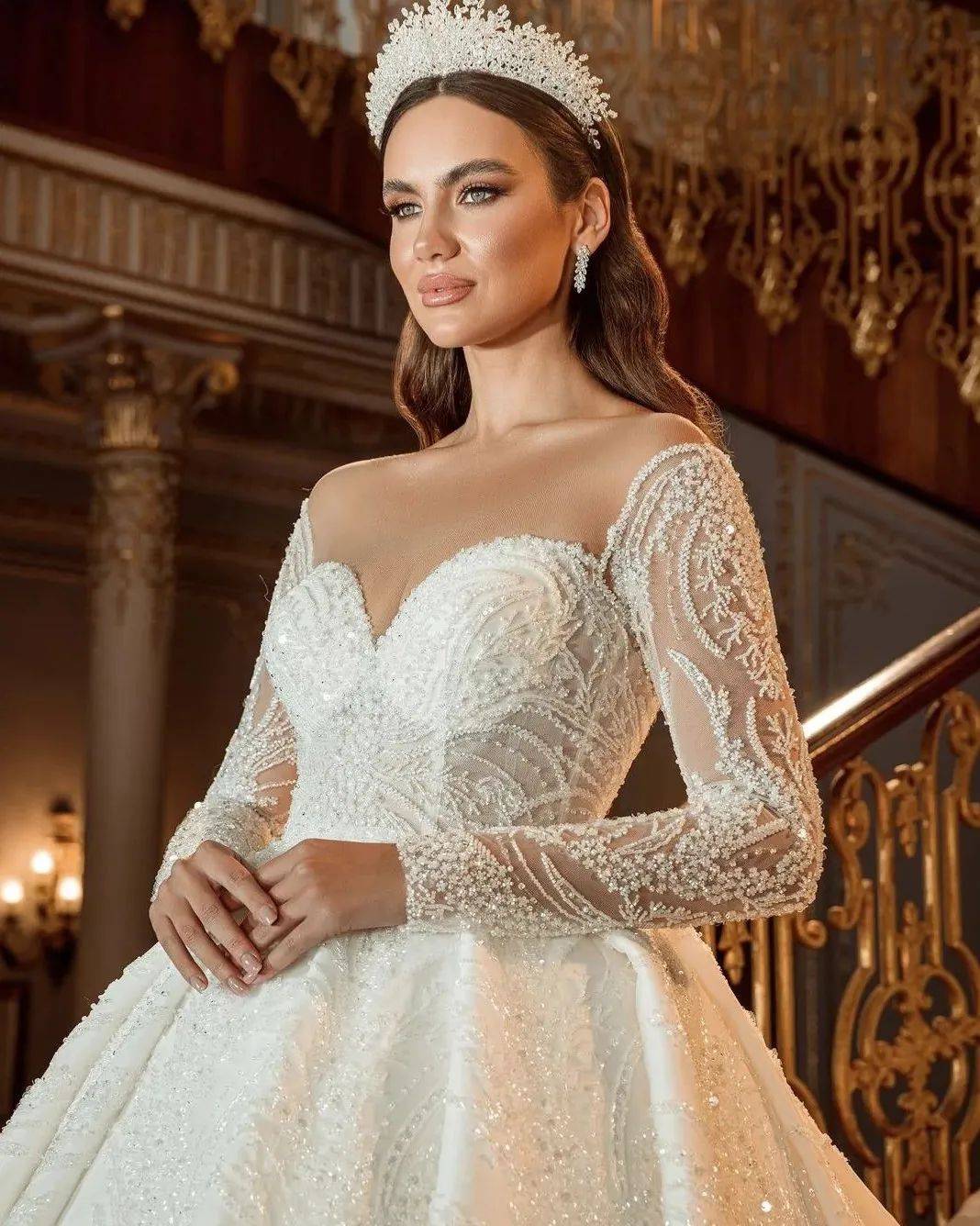 Elegant A Line Women Wedding Dress Sheer Neck Long Sleeves Bridal Gowns Sequins Lace Sweep Train Dress Custom Made
