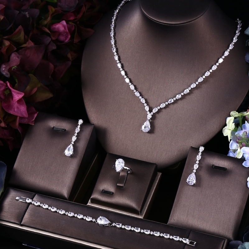 janekelly 4pcs Bridal Zirconia Full Jewelry Sets For Women Party Dubai Nigeria CZ Crystal Wedding Jewelry Sets 250430