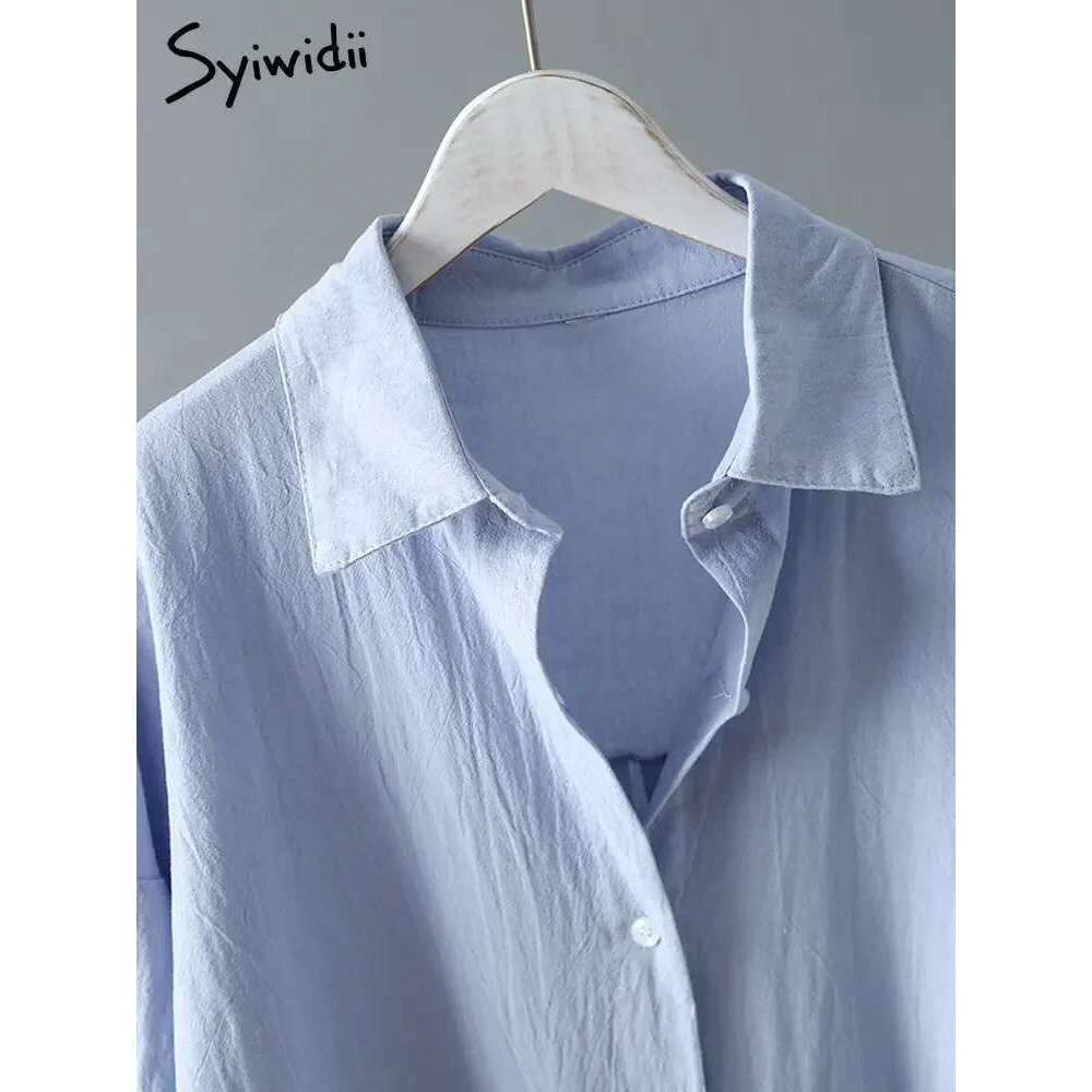 Syiwidii Long White Shirt Dress for Women Cotton Spring Fall Casual Korean Clothing Vintage Oversized Midi Robe Loose Cardigans