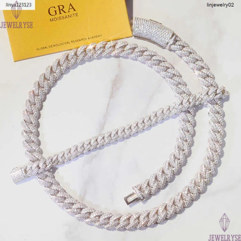 necklace moissanite chain Pendant Full Ice Cuban Chain 2rows 925 Solid Silver Moissanite Cuban Link Chain Mans Hip Hop
