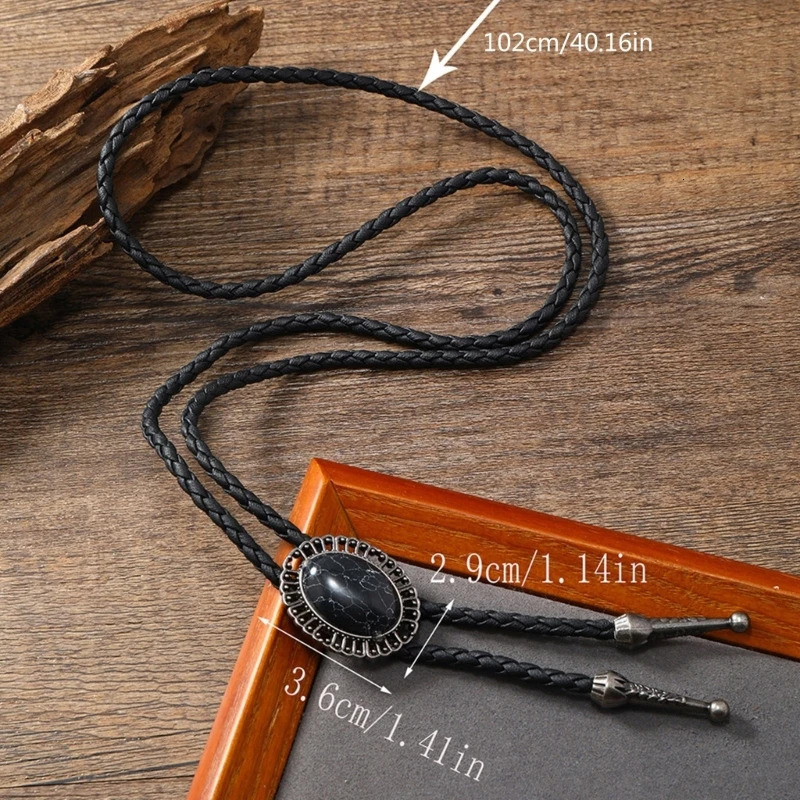 Vintage Gem Stone Cowboy Hat Bolo Tie Western Punk Faux Leather Rope Necktie Jewelry Shirt Chain Necklace for Men Women 250430