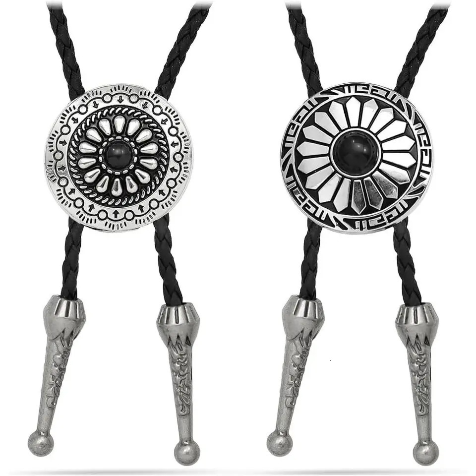 Vintage Bolo Tie Green Black Stone Pendant Leather Bolo Ties Western Cowboy Necklace Dance Necktie Accessories for Men Women 250430
