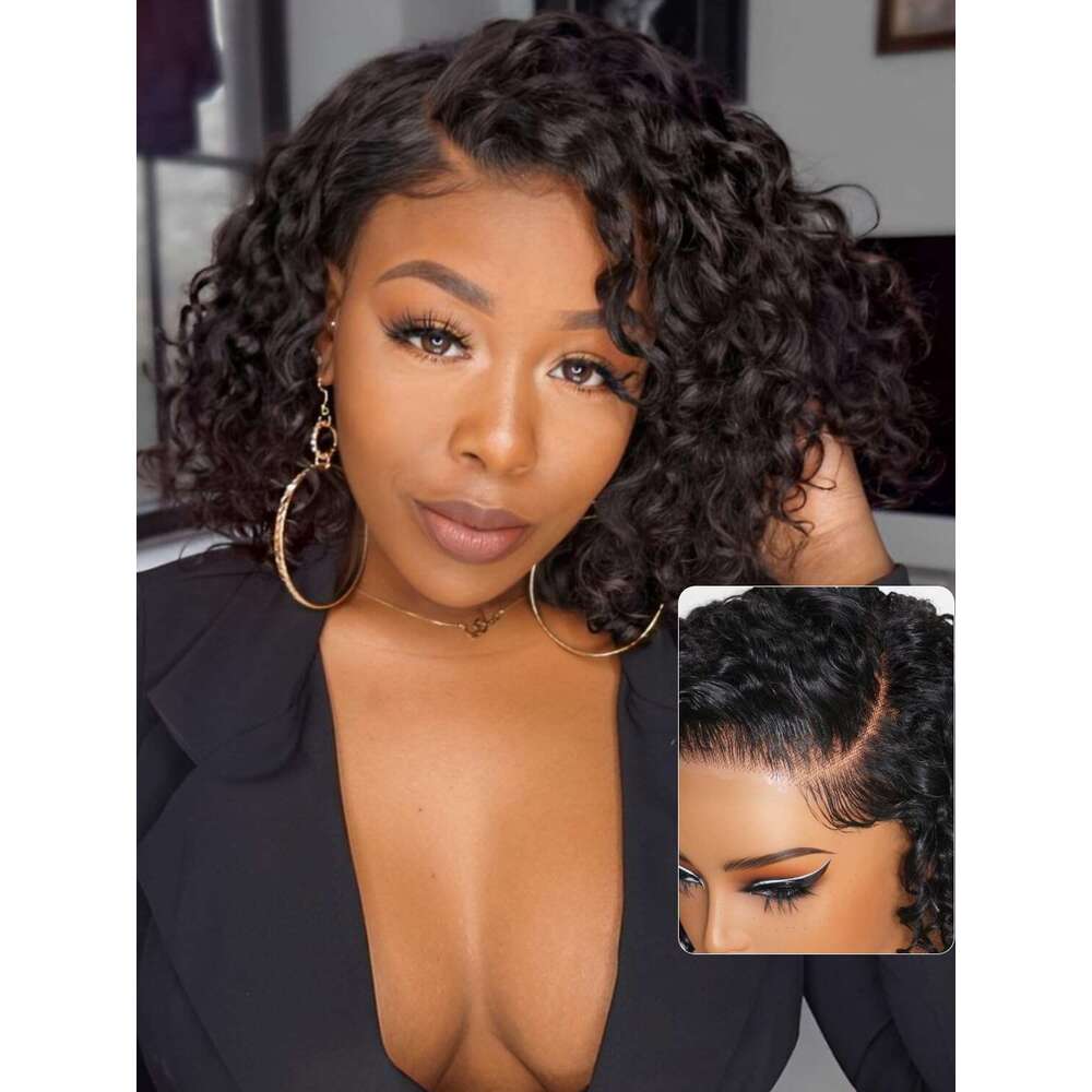 UNICE 10 inch Short Curly Beyond Basics Bob Human Hair Bye Knots Glueless Wigs Plucked Pre Cut 7x5 HD Lace Closure Ready to Go Wig Black Color