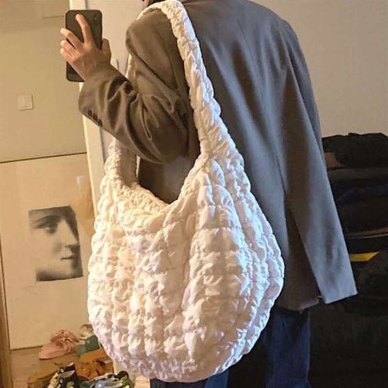 Women Pleated Handbag Large Capacity Down Big Shoulder Female Solid Color Space Cotton Padded Dumpling Shopping Bag Bag