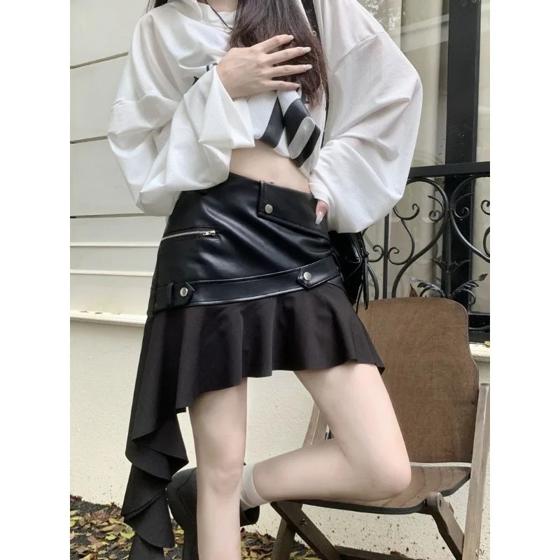 Retro Coffee Colored PU Leather Midi Skirt for Women in Autumn Irregular Ruffle Edge A-line Hip Hugging Spicy Short Skirt 250428
